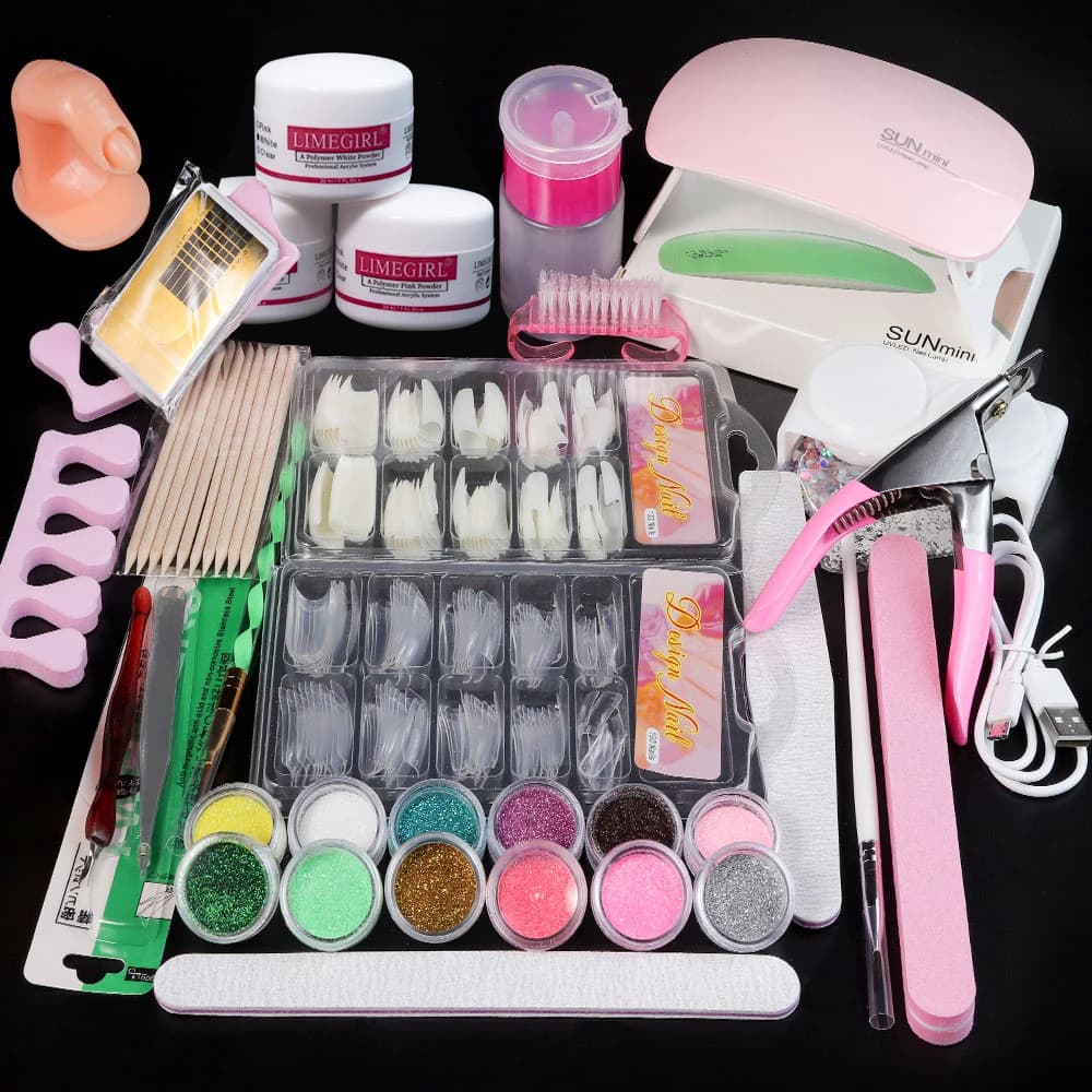 Poudre acrylique pour ongles et monomère liquide, décoration artistique pour ensemble de manucure, Kit de paillettes en cristal, pointes d'ongles