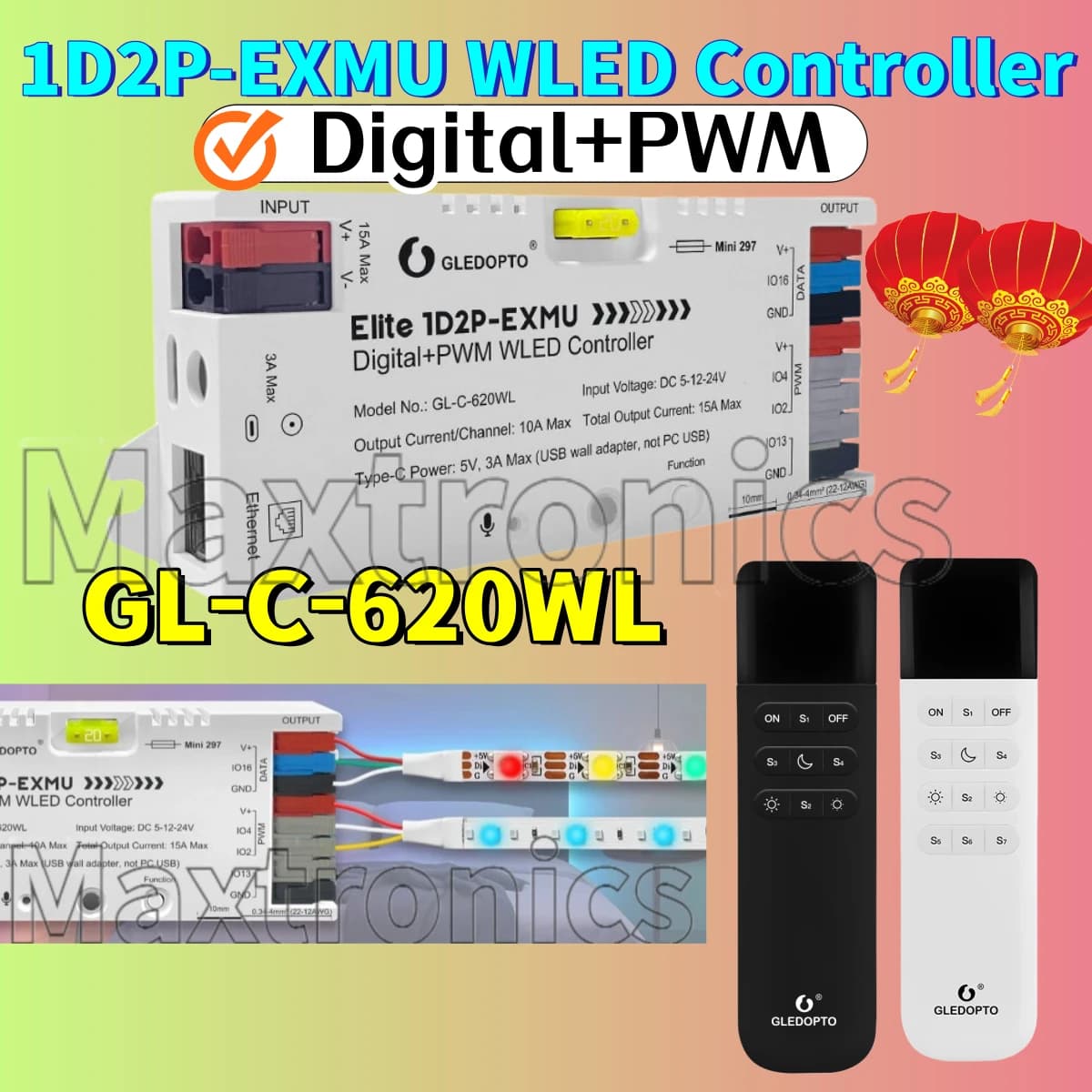Contrôleur Elite 1D2P-EXMU WLED GL-C-620WL/RC-002WL avec relais/fusible intégré, Ethernet Type-C pour RGBIC numérique PWM monochrome CCT