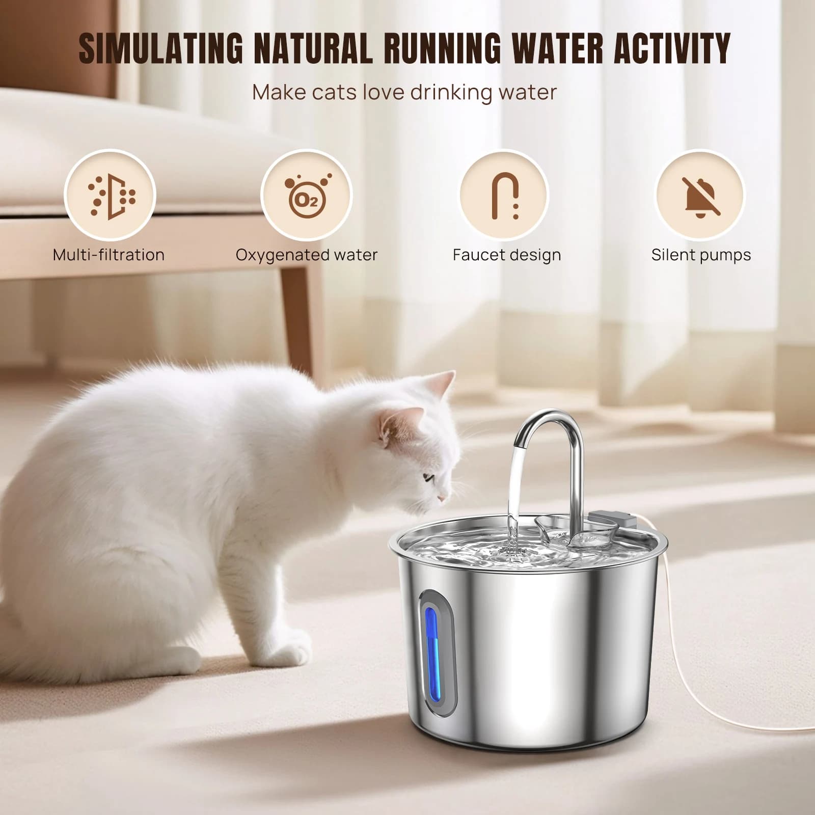 Fontaine pour chat fontaine à boire en acier inoxydable pour chat 2,2 l fontaine à boire centrale pour chat silencieuse pour chiens avec fenêtre de