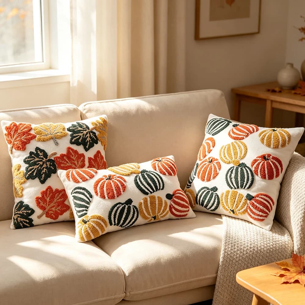 BUYNOW 1PC Halloween Hoop Housse de coussin en velours brodée, motifs citrouille et feuille d'érable colorés, pour chambre à coucher, décoration