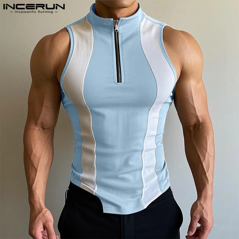 INCERUN hauts 2025 Style américain mode hommes épissé contraste fermeture éclair conception gilets été Streetwear décontracté offre spéciale