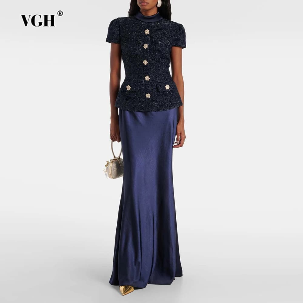 VGH Chic deux pièces ensembles pour femmes col montant manches courtes épissé poche Tweed haut taille haute jupes Maxi costume Vintage femme
