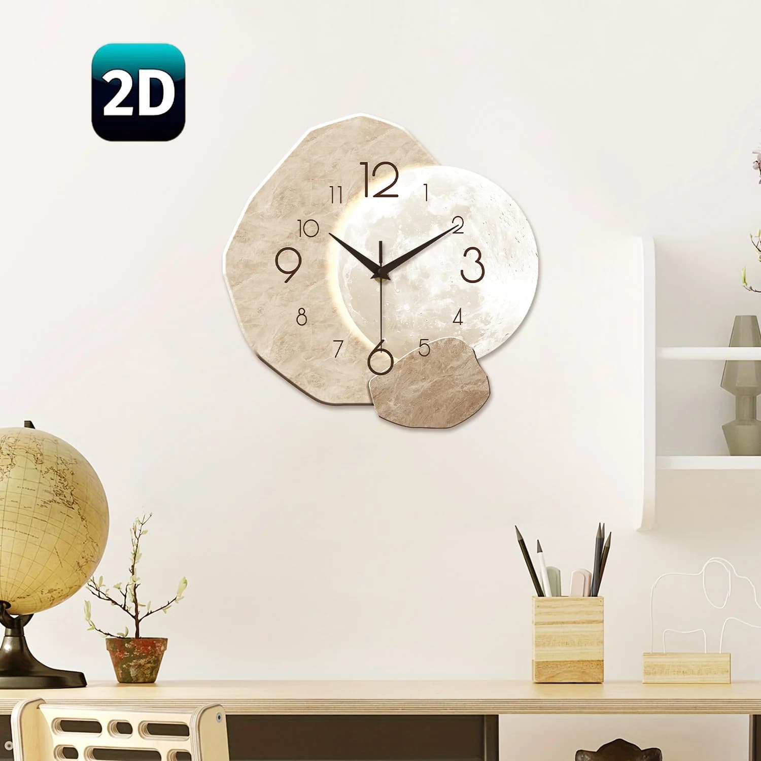 Horloge murale moderne simple et silencieuse, design lunaire – Mouvement à quartz, matériau en bois, pour décoration de chambre à coucher, salon