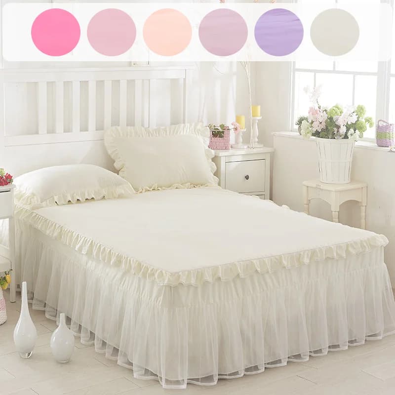 Jupe de lit de luxe unie à volants en dentelle, couvre-lit en gaze transparente, protège-matelas antidérapant, décoration de literie pour lit