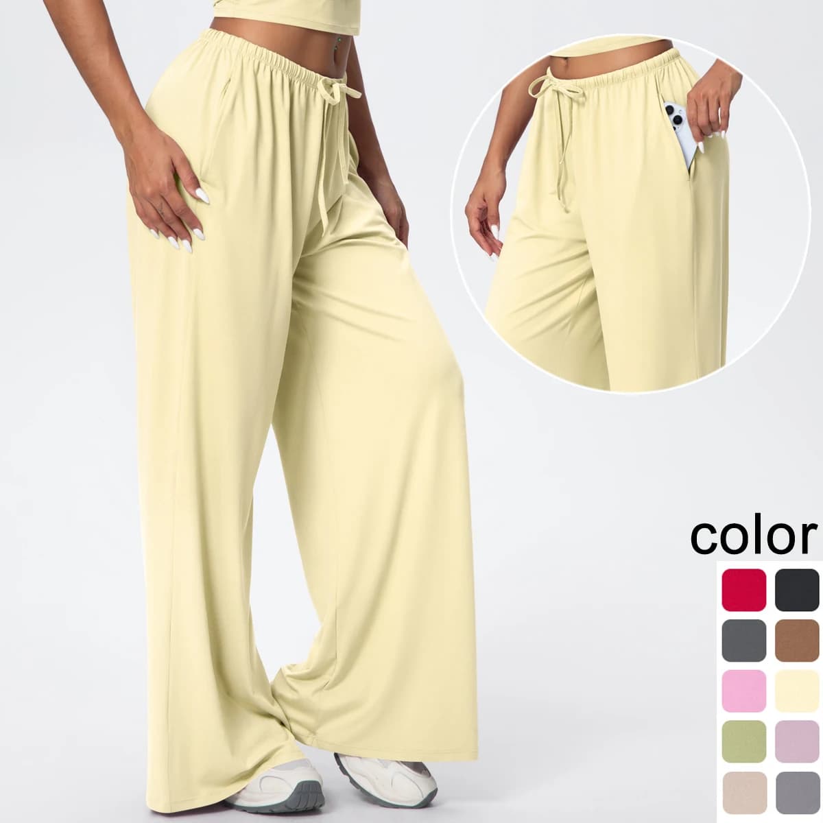Pantalon de Yoga à jambes larges pour femmes, séchage rapide, ample, taille haute, avec poches, Fitness, Sport, entraînement, cordon de serrage,