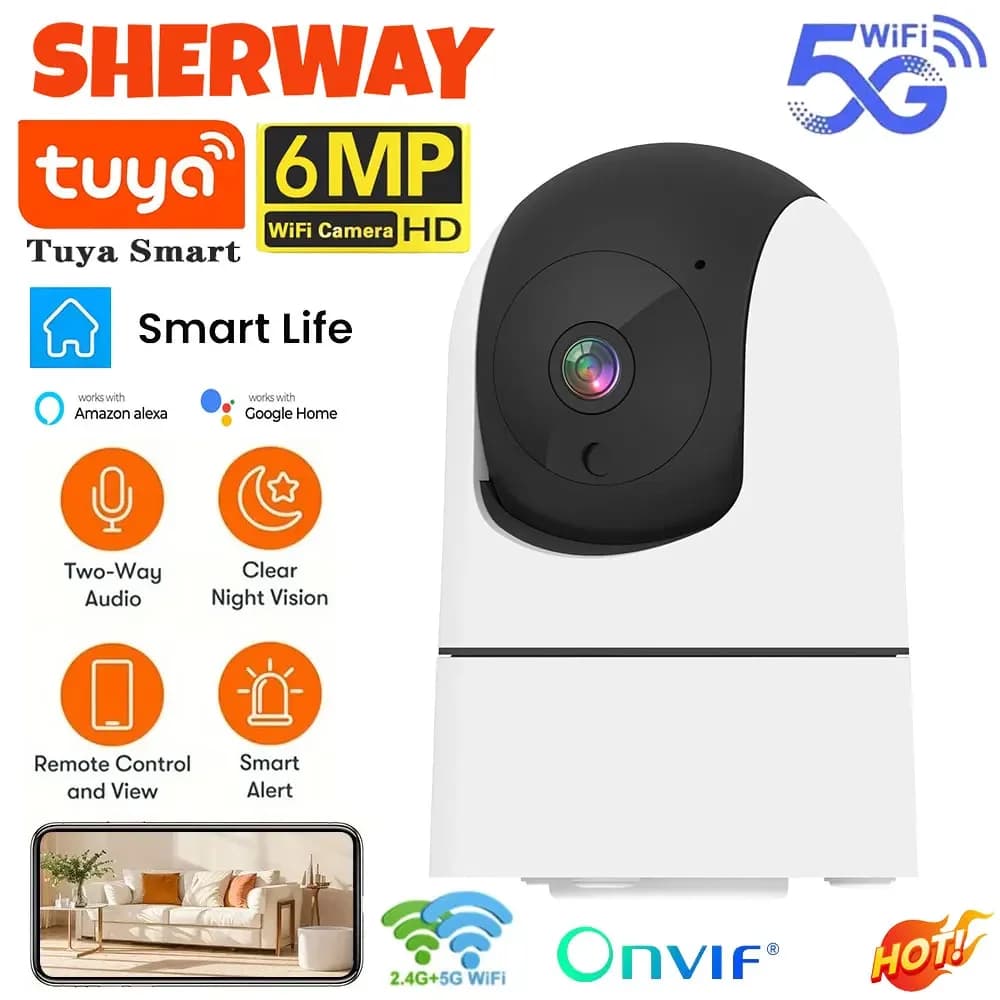 Tuya-Caméra de surveillance intérieure IP WiFi HD 6MP/5G, dispositif de sécurité sans fil, babyphone vidéo, avec suivi automatique et vision