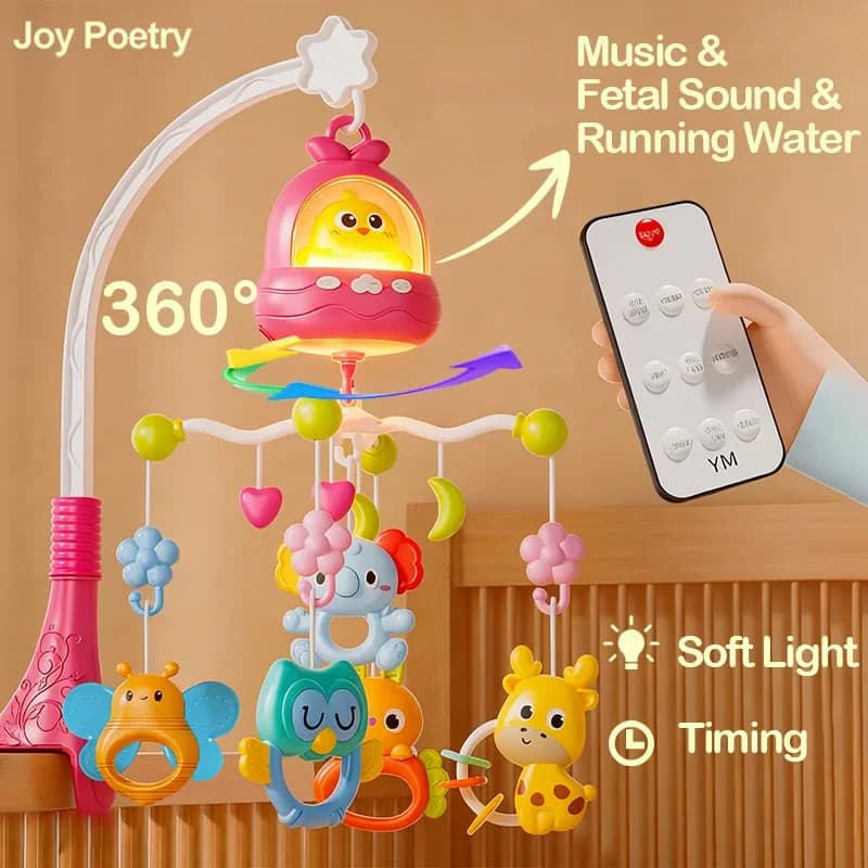 360 °   Mobile musical télécommandé pour berceau, avec lumière douce rotative, jouet suspendu pour bébé, avec fonction minuterie, cadeau pour