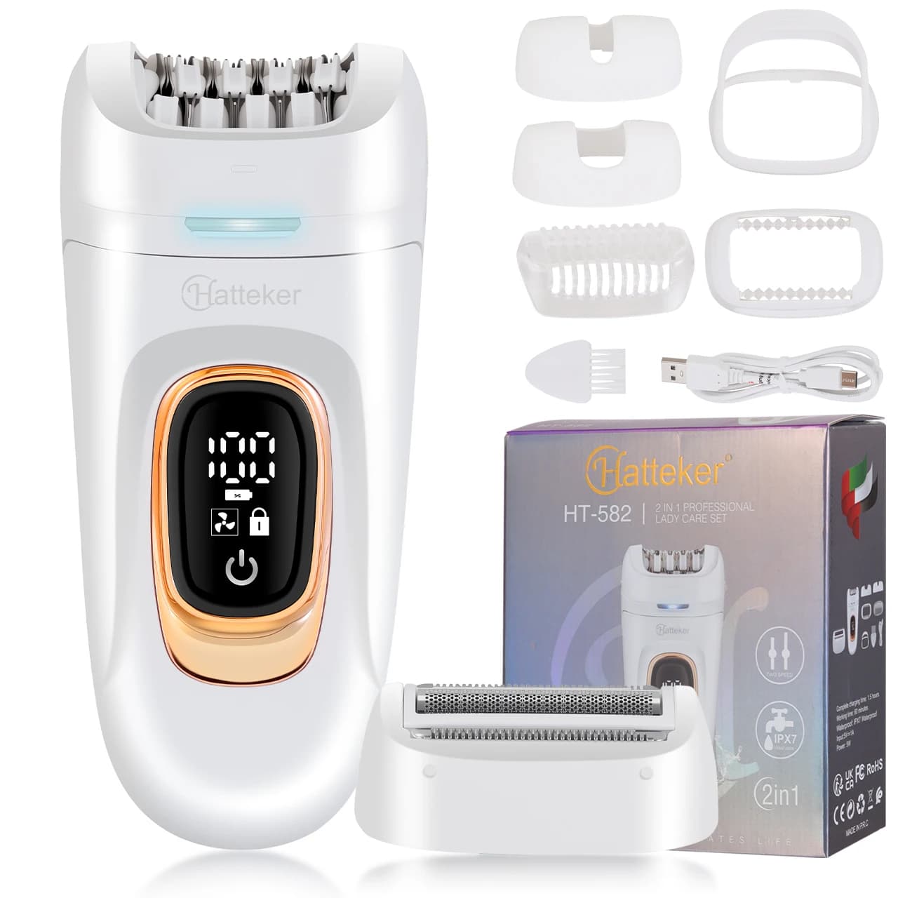 Hatteker 2-en-1 épilateur épilateur jambe corps Portable dame rasoir outil d'épilation aisselles tondeuse faciale pour les femmes IPX7