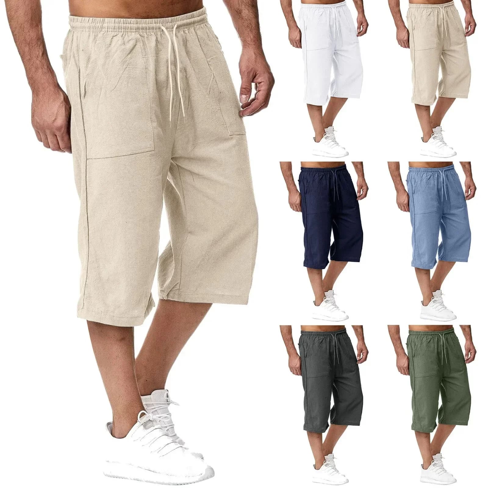 Short d'été décontracté en coton mélangé pour hommes, longue taille élastique, poches amples, cordon de serrage, longueur 3/4, vêtements de