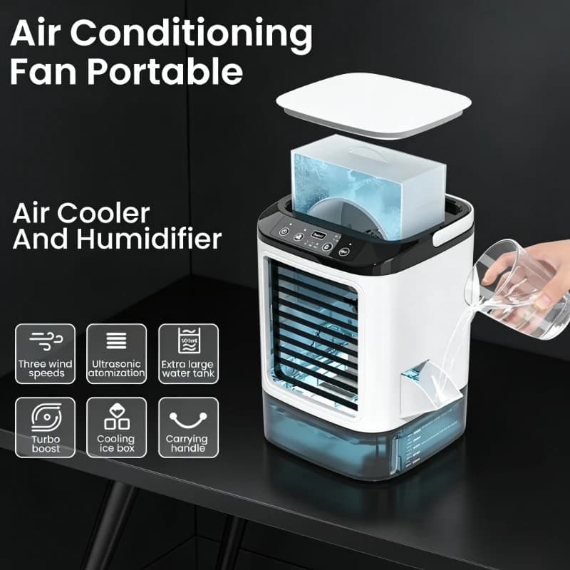 Climatiseur portable de bureau, ventilateur froid avec lumière d'ambiance colorée, refroidisseur d'air évaporatif avec compartiment à glace, 3