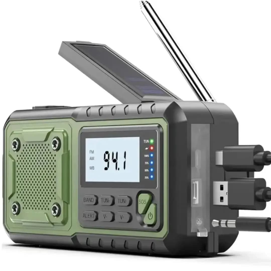 Radio solaire portable d'urgence 4000 mAh avec manivelle, radio météo AM/FM, lampe torche LED et chargeur de téléphone