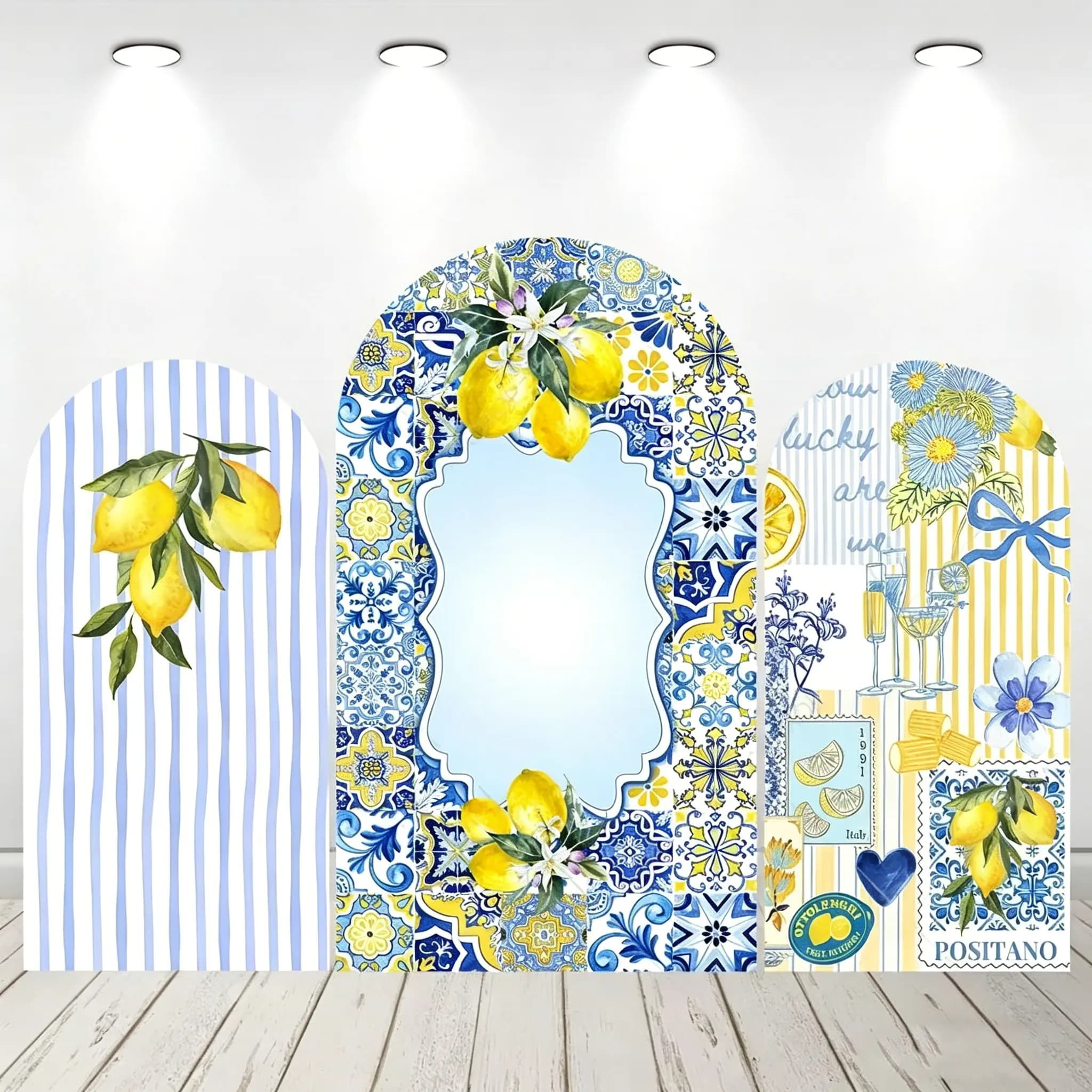 LS Arche de fond décorative style Méditerranéen, motif Citron et Rose Bleue, motif carreaux italiens, pour photomaton, mariage, douche nuptiale,