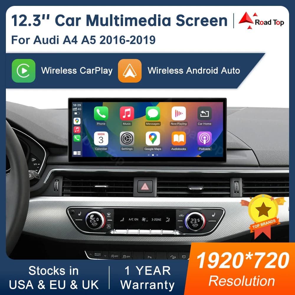 Écran tactile multimédia 12.3 pouces pour Audi A4 S4 A5 S5 2014 – 2019, fonction Airplay Miracast, sans fil, Carplay, Android Auto