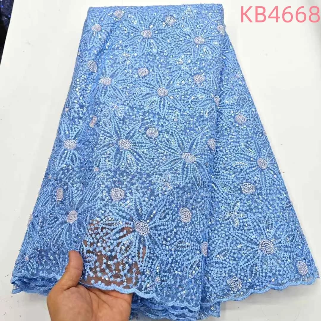 Tissu africain de luxe en dentelle et Tulle à paillettes vertes, 5 Yards, séquence nigériane, tissu en dentelle de mariée, maille française bleue