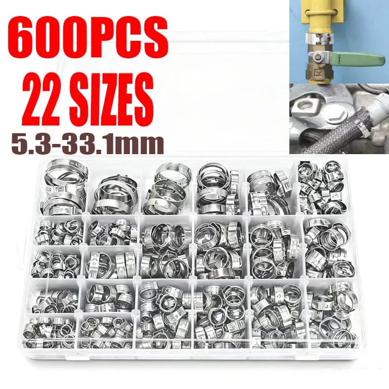 Kit de 600 colliers de serrage pour tuyaux, 22 tailles, 5,3-33,1 mm, en acier inoxydable 304, type O, universels pour tuyaux courbés, pour