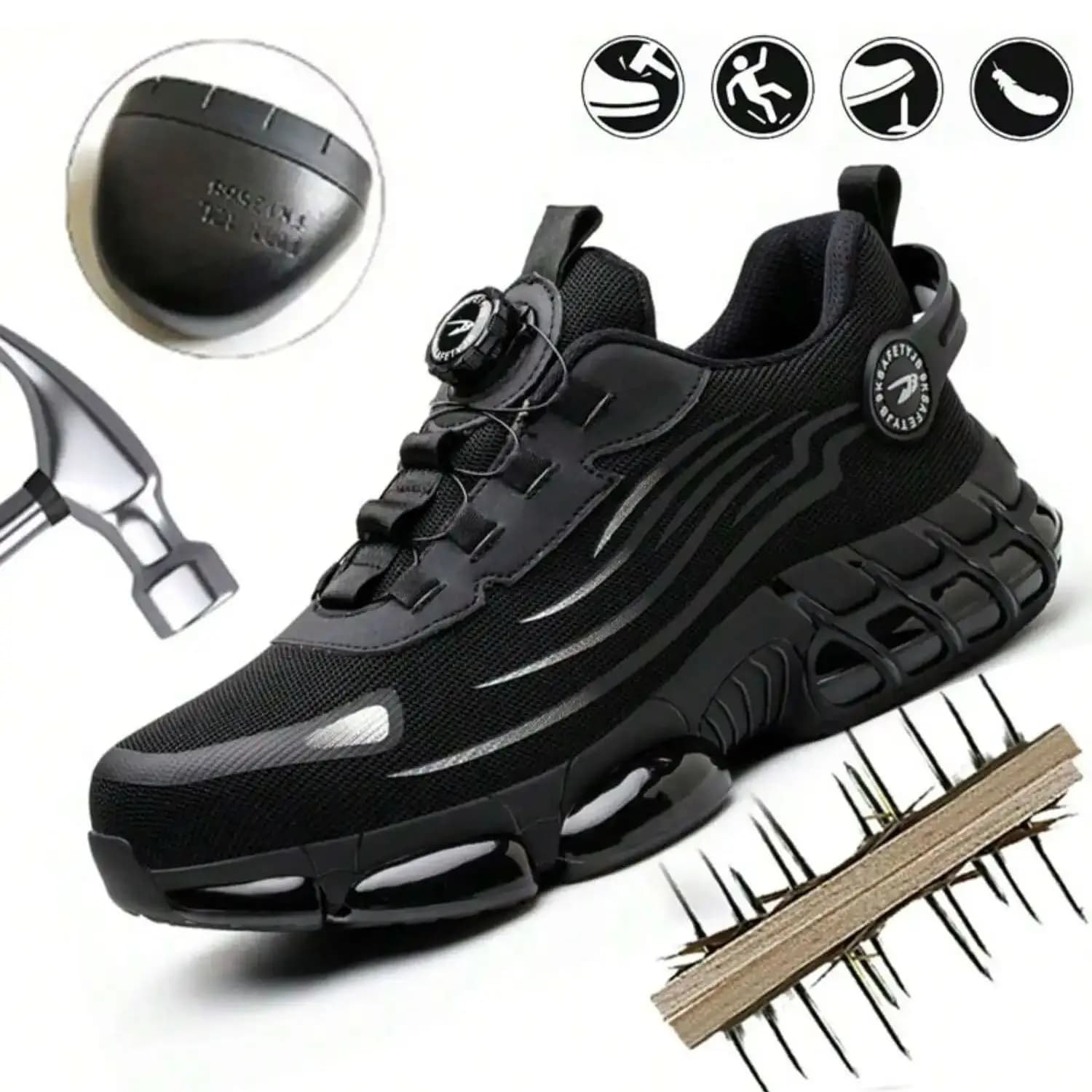 Chaussures de sécurité à bouton rotatif, taille 37-48 pour hommes et femmes, baskets à embout en acier, chaussures sans lacets, bottes