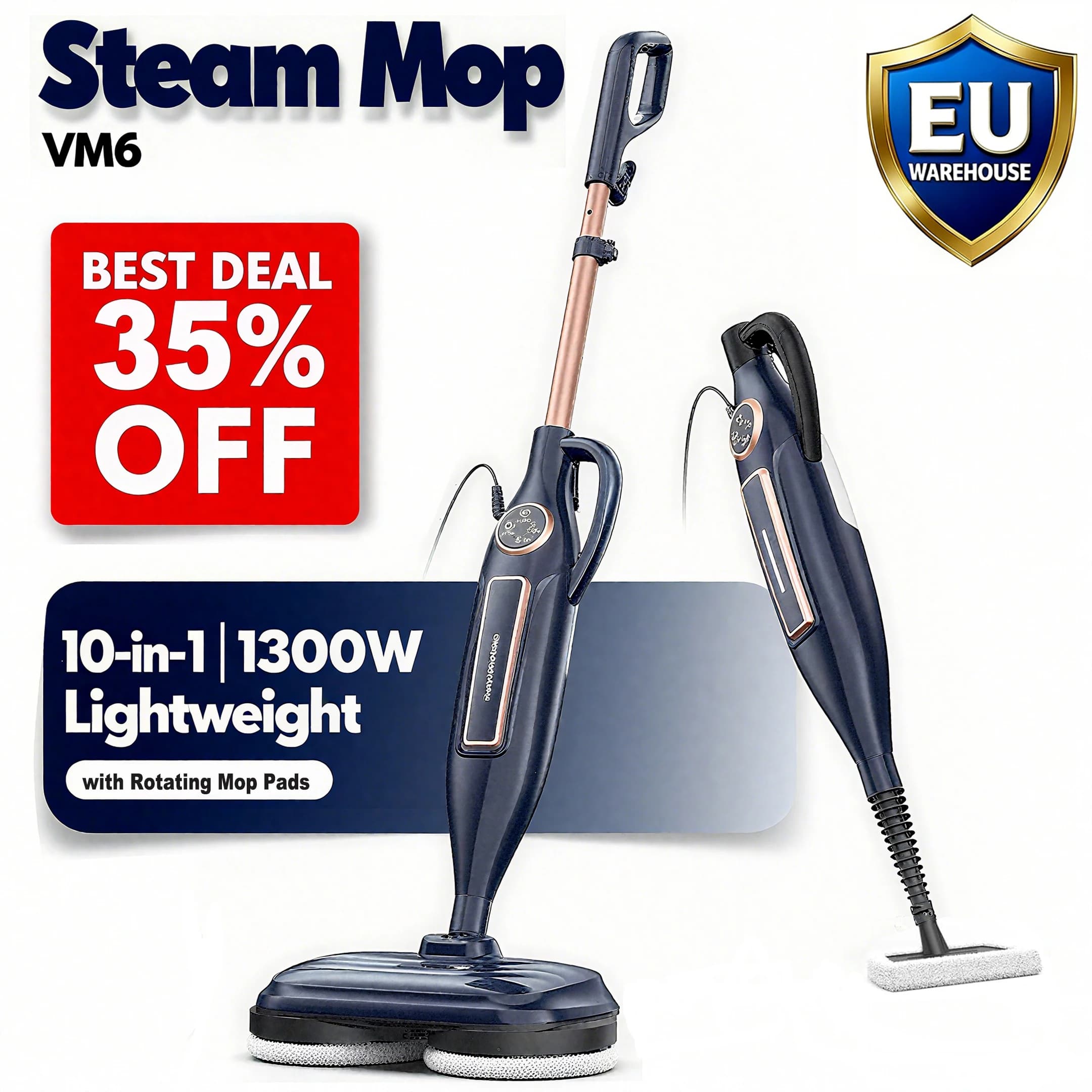 Nettoyeur de vadrouille à vapeur avec tampon de vadrouille rotatif 10 en 1, vadrouille rotative légère 1300W, vapeur de sol puissante pour la