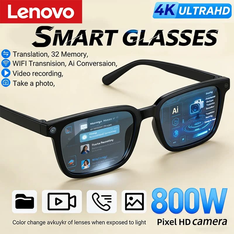 Lunettes Intelligentes IA Lenovo : Traduction IA, Caméra HD 8MP, Prise de Vue 4K, Appel Bluetooth, Enregistrement, Musique – Nouveauté 2026
