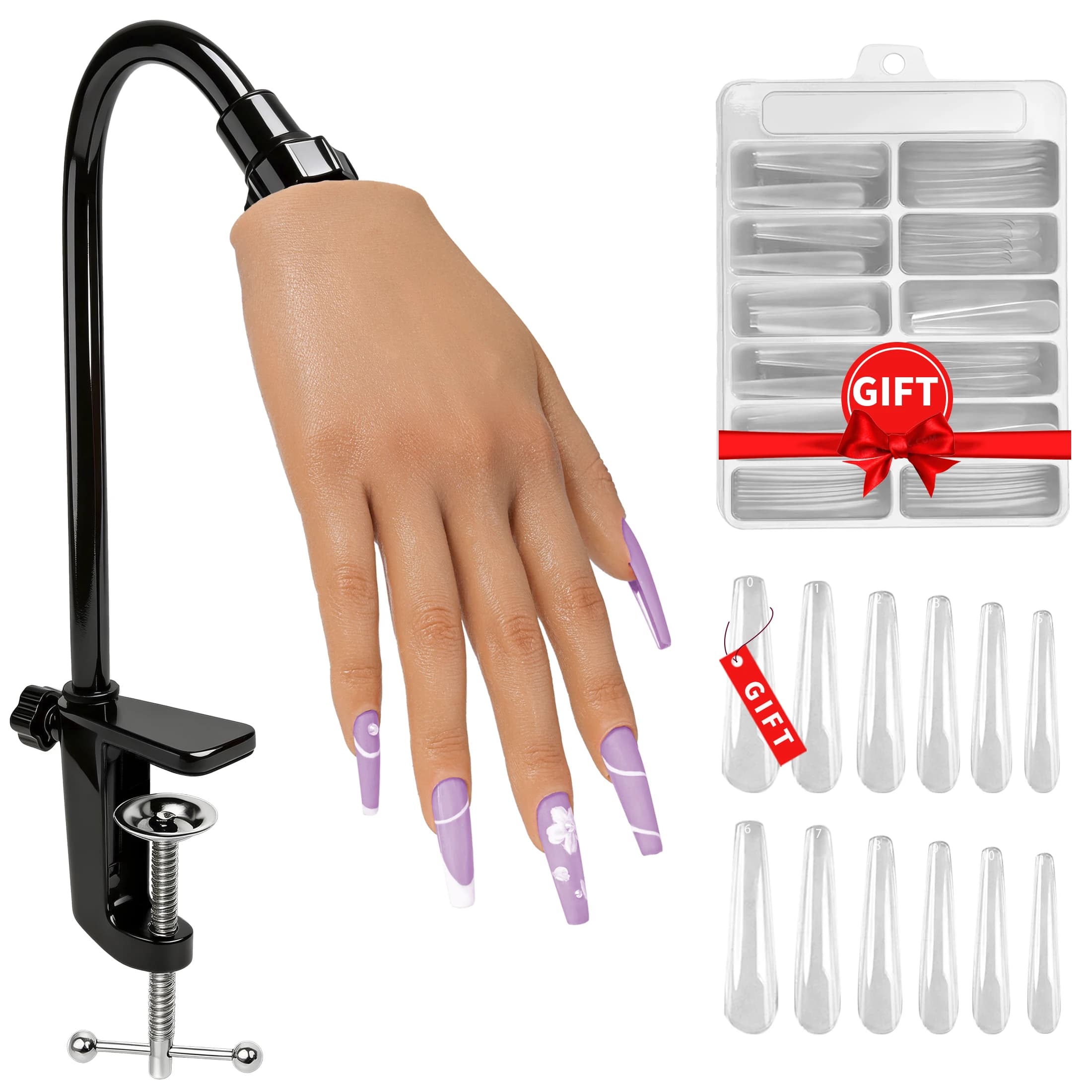Main d'entraînement Veikmv pour ongles en acrylique, doigts flexibles en silicone 1:1, main d'entraînement réutilisable pour ongles, kit cadeau