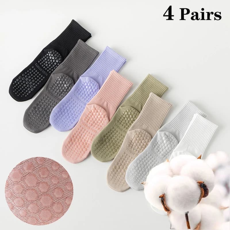 4 paires de chaussettes de yoga en coton pour femmes, mi-mollet, couleur unie, antidérapantes, pour Pilates, fitness, gym, chaussettes à grip en