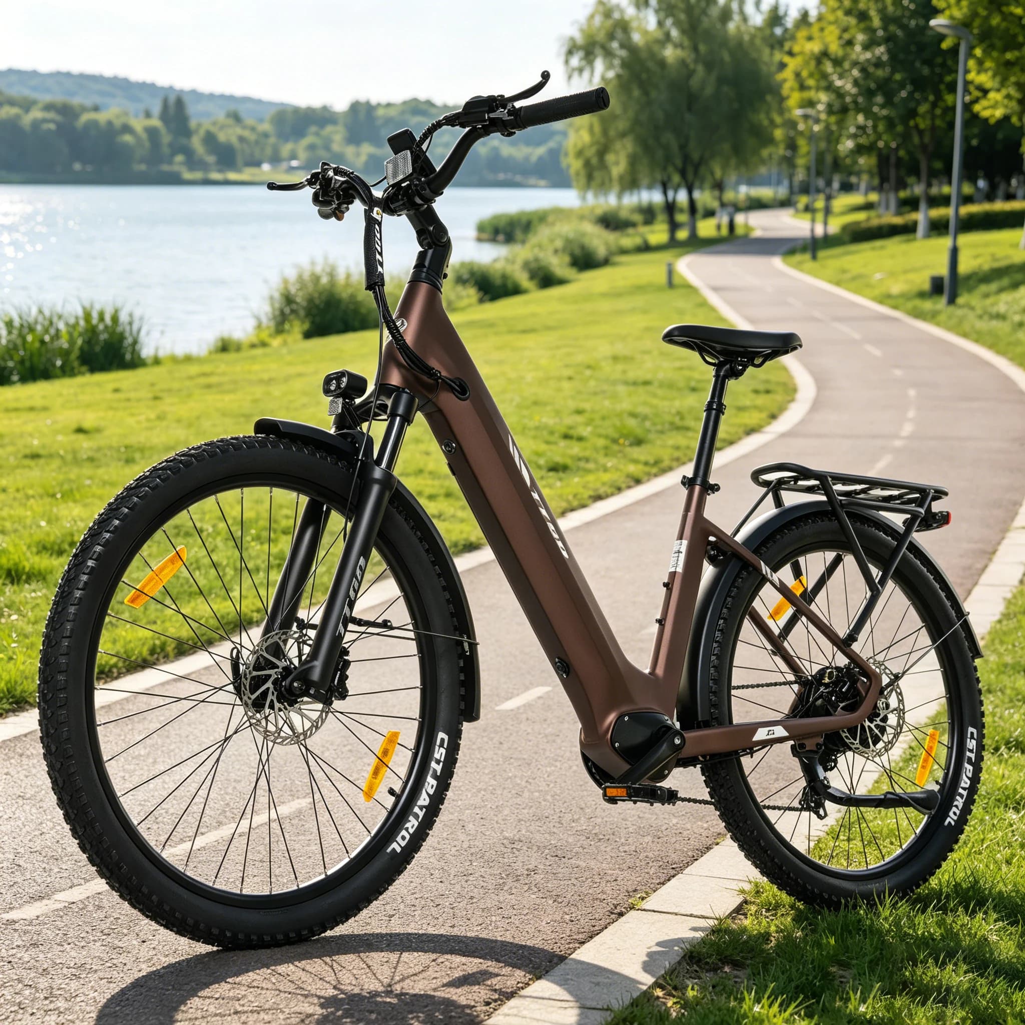 Vélo électrique de ville avec potence réglable et double suspension, cadre en aluminium 6061 de 27,5 pouces, moteur arrière de 250 W, charge
