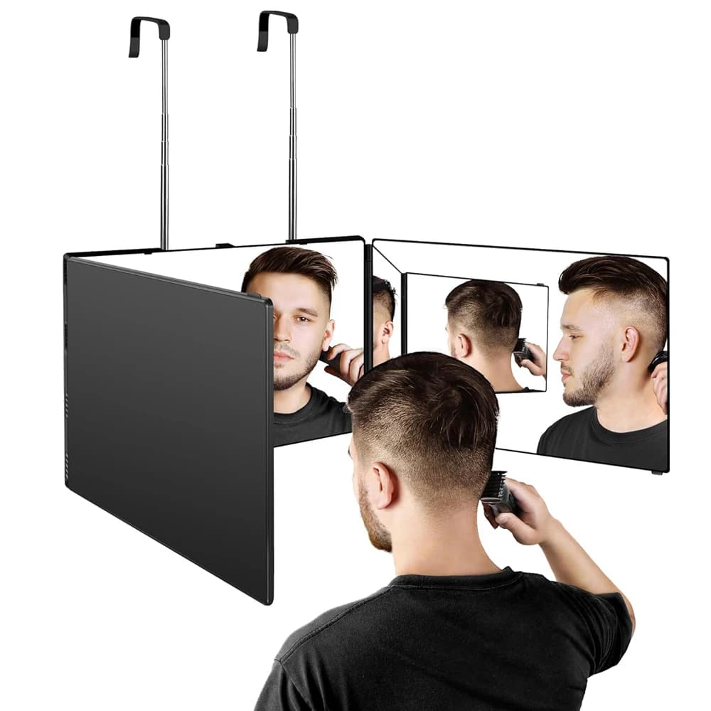 Portable de voyage 360 °   Miroir de maquillage pliable à trois volets avec crochet télescopique réglable en hauteur pour la coupe de cheveux, le