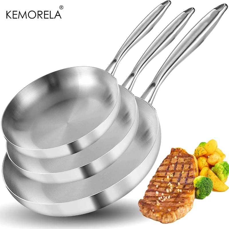 2/3 pièces poêle 22/24/26/28CM 304 acier inoxydable 2MM d'épaisseur Wok poêle 5 plis en acier de qualité alimentaire poêles antiadhésives pour