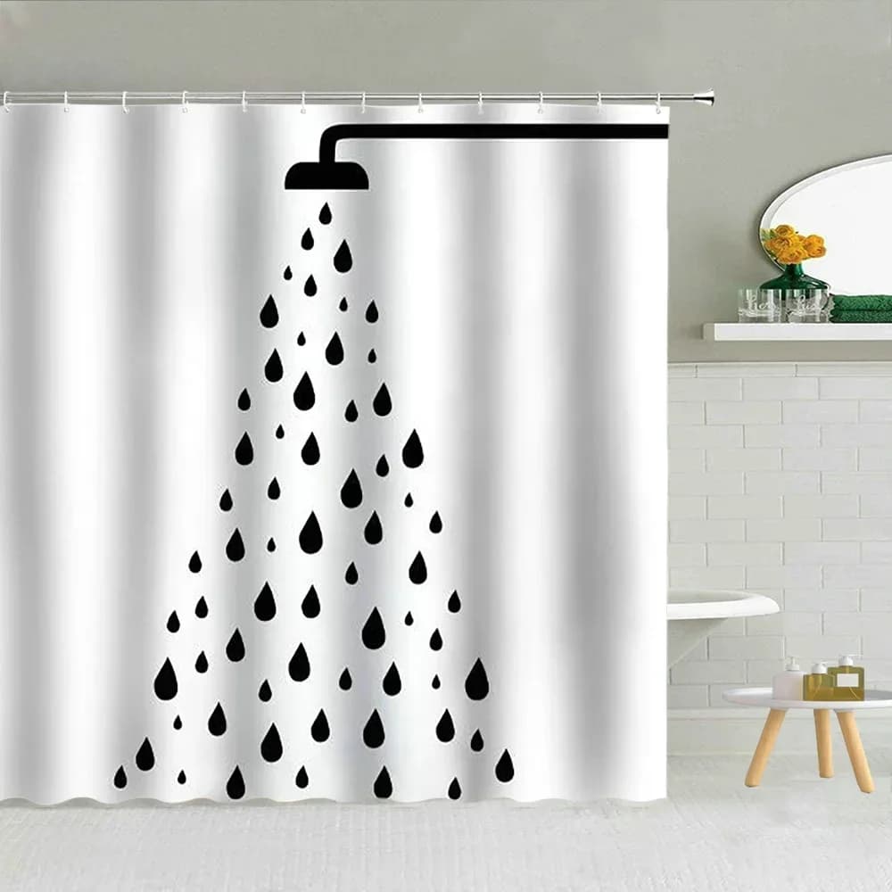 Rideau de douche Simple en forme de goutte de pluie, noir et blanc, motif de gouttelettes d'eau géométriques, tissu en Polyester, rideaux suspendus