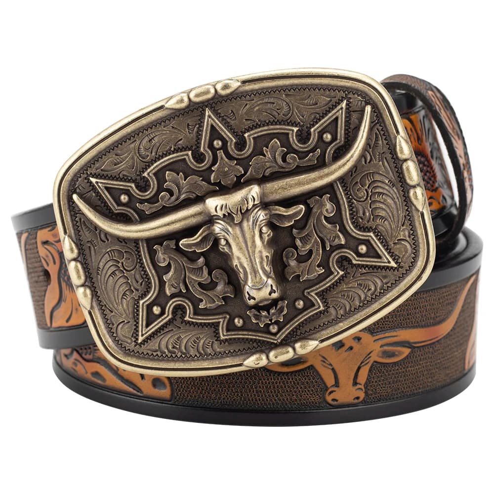 Ceinture West Cowboy en cuir véritable pour homme, tête de taureau, mode
