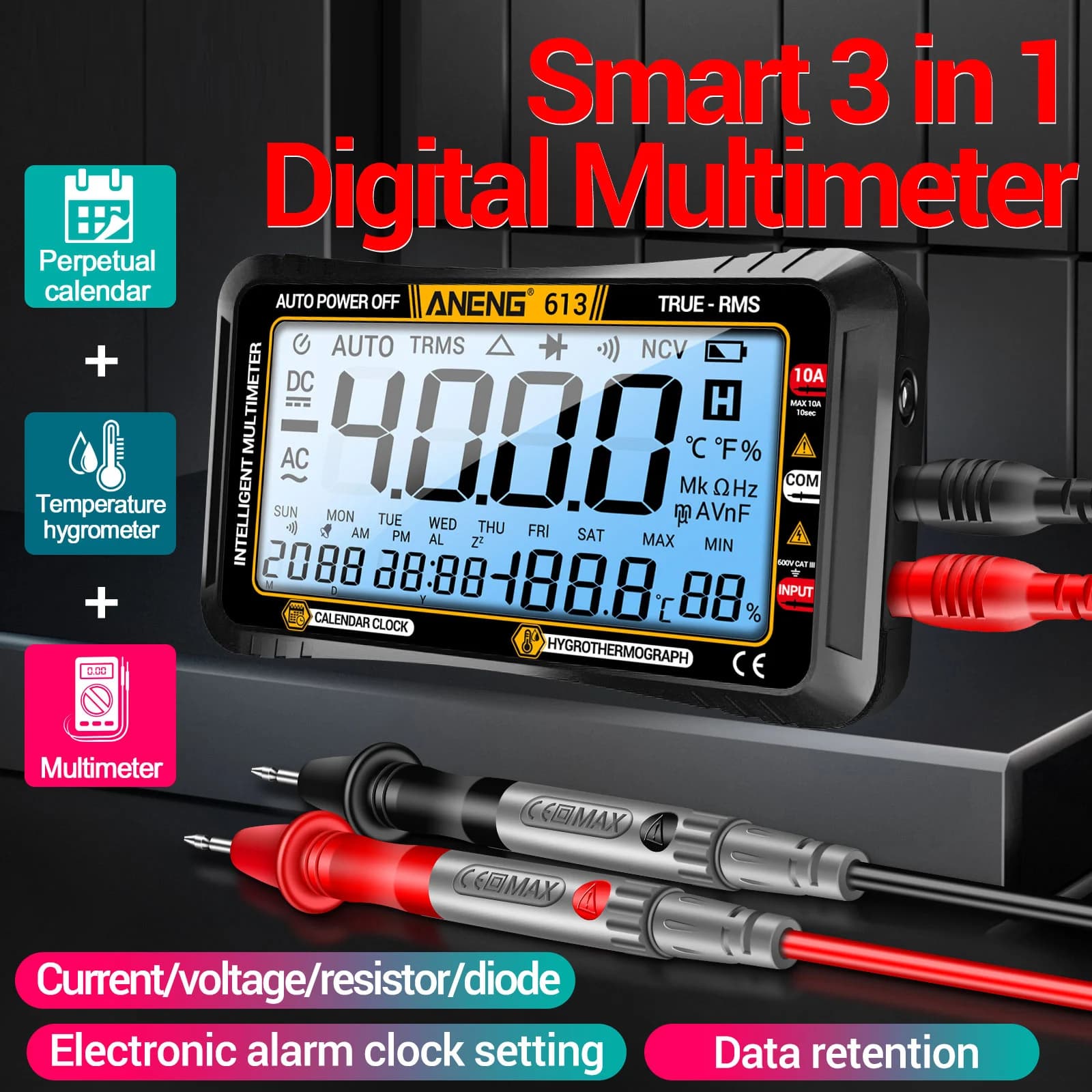 ANENG 613 Multimètre intelligent 3 en 1 Calendrier perpétuel Hygromètre de température 4000 points numériques Tension courant AC/DC