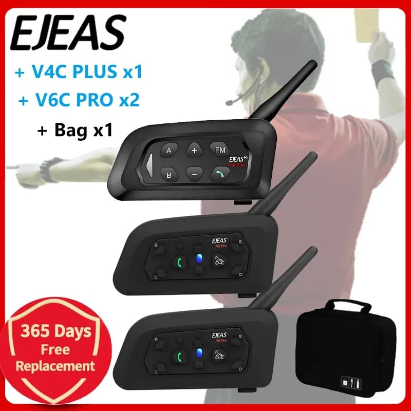 EJEAS V4C PLUS + V6C PROx2 Football 3 arbitre Interphone casque 1200M Football Full Duplex Bluetooth Interphone de conférence + sac à main