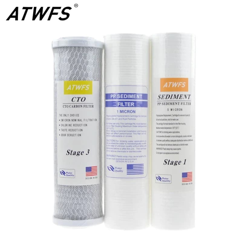 ATWFS filtre purificateur d'eau 10 pouces filtre en coton PP 5 microns + filtre PP 1 micron + cartouche filtrante à charbon actif