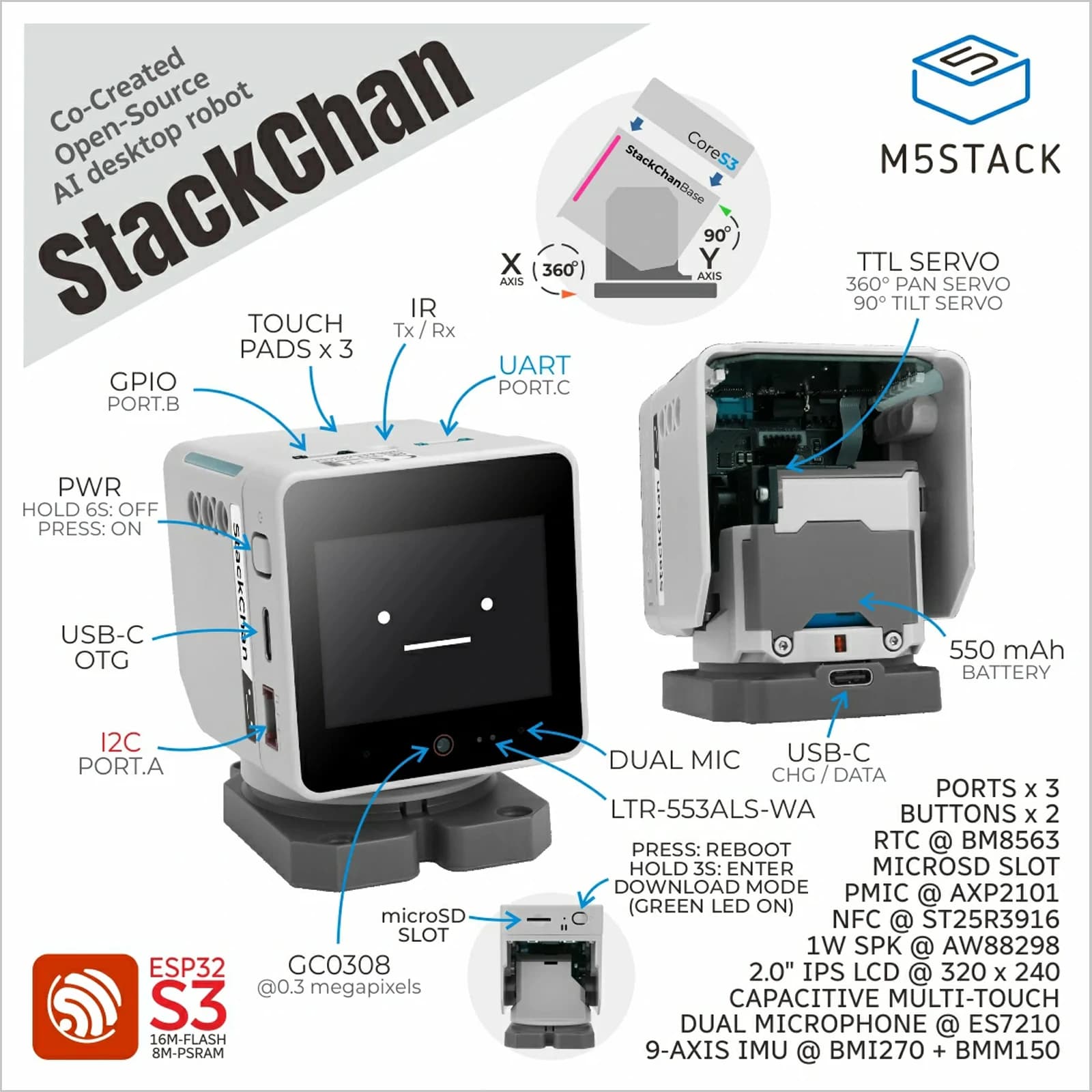 M5Stack Officiel StackChan : Robot de bureau IA open-source co-créé Kawaii (ESP32-S3)
