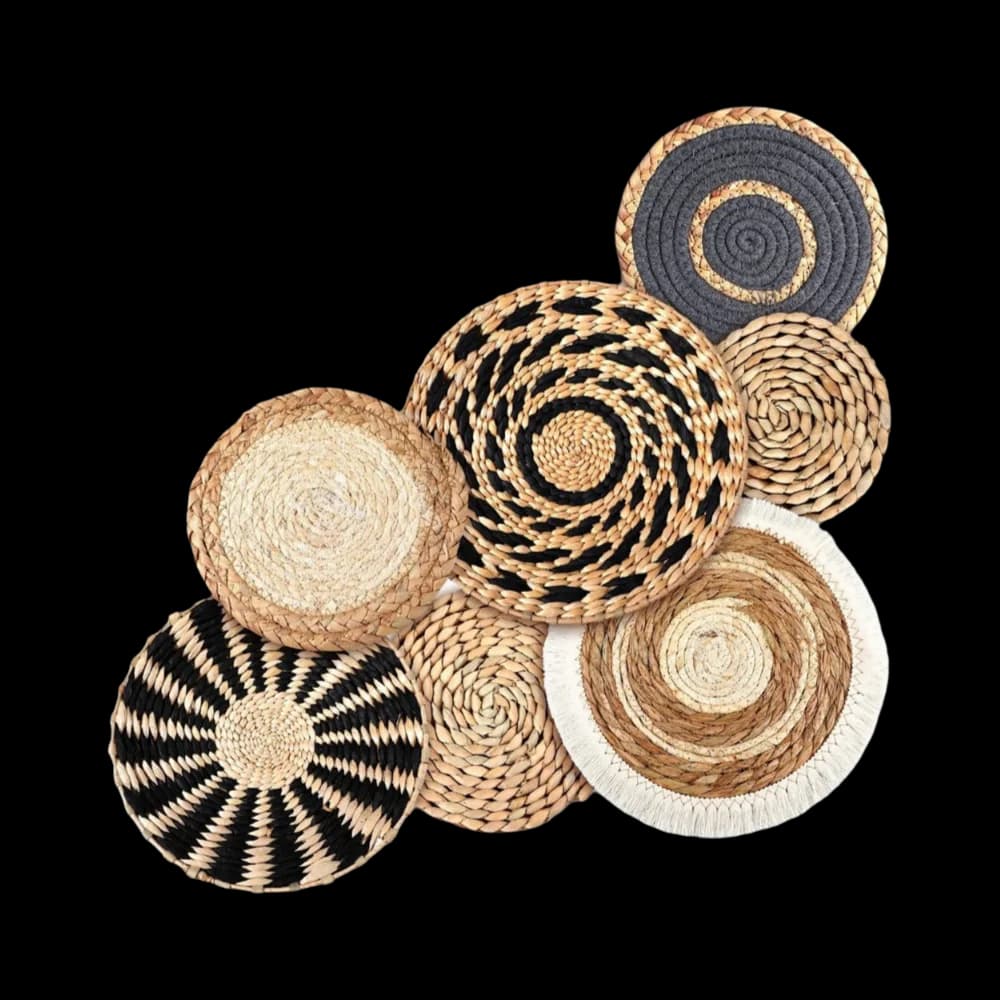 7 pièces Boho paniers muraux jonc de mer rotin osier à la main mur Art chambre décor forme ronde suspendus panier mural