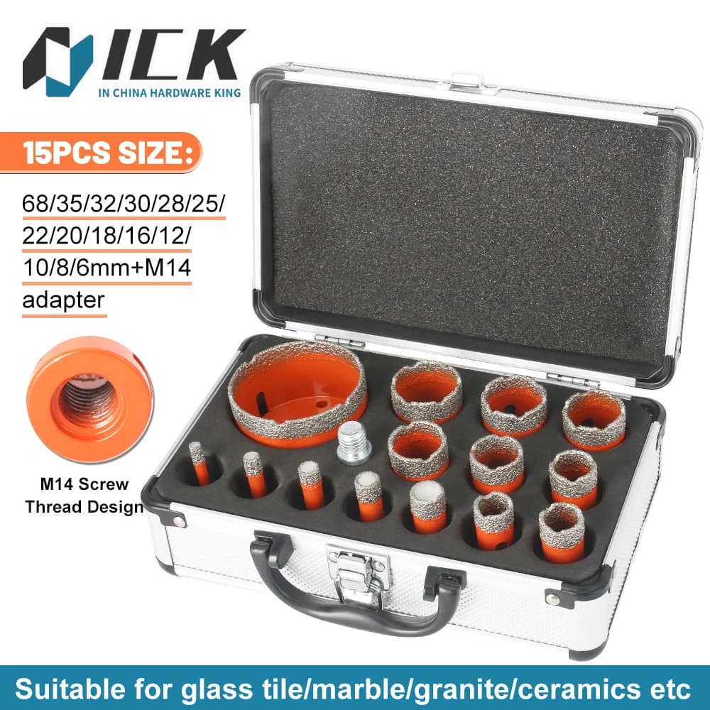 Jeu de 15 forets diamantés M14 à brasage sous vide pour perçage à sec, scies coupelles pour porcelaine, outils de découpe de carreaux, granit et