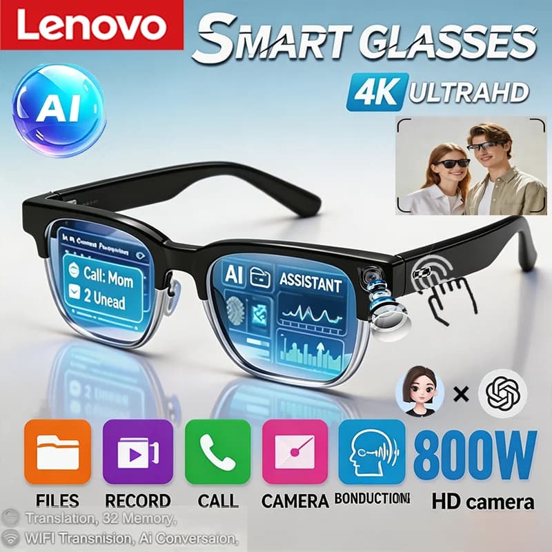 Lunettes intelligentes Lenovo avec assistant vocal IA, contrôle à distance 4K, appareil photo tactile, enregistrement, traducteur, lunettes de