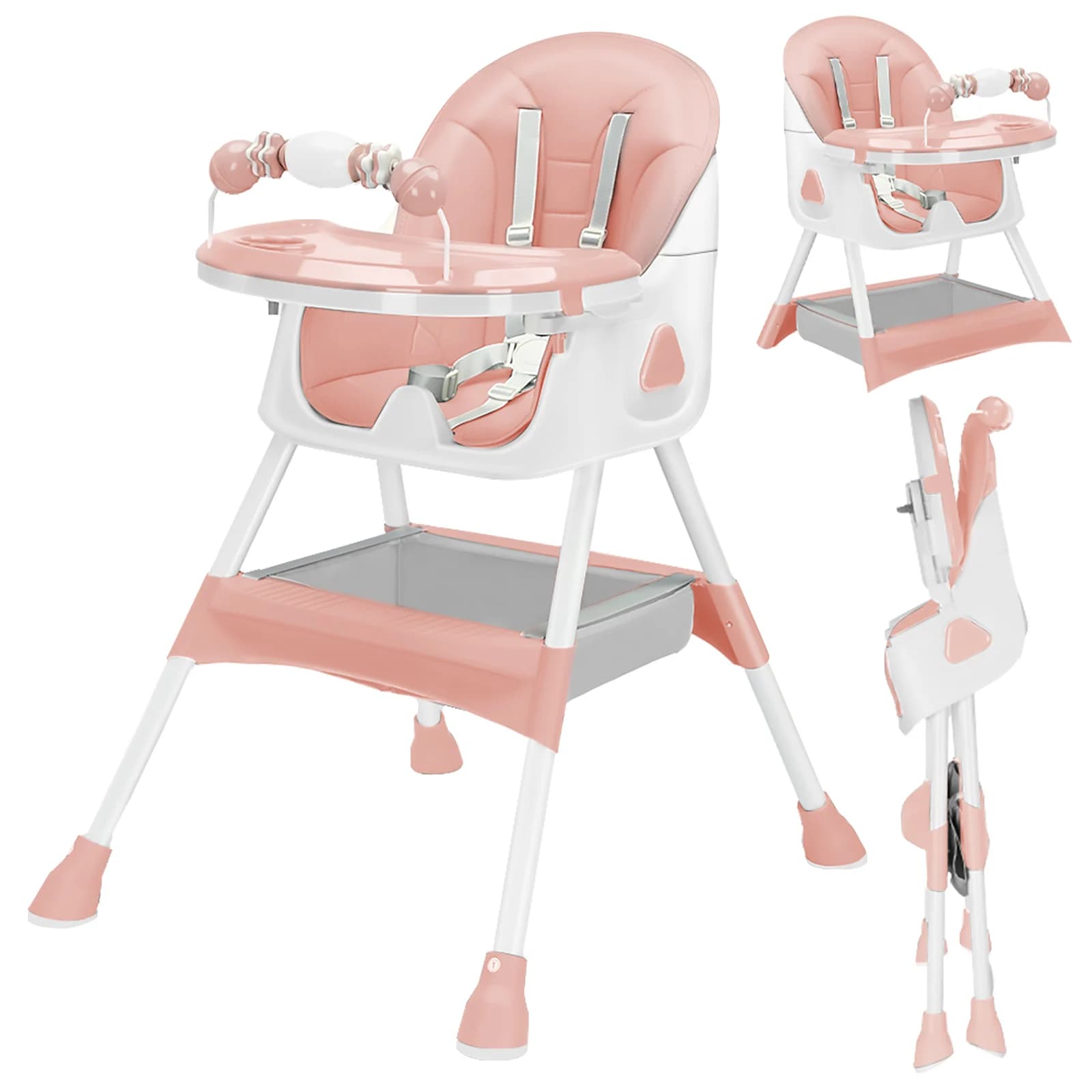Chaise haute bébé 3 en 1, chaise haute pliable et réglable pour bébés avec plateau amovible, ceinture de sécurité, repose-pieds et roues
