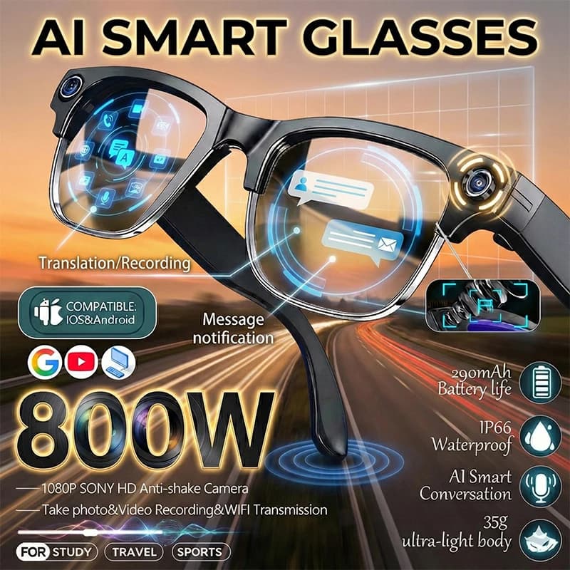 Lunettes Intelligentes 4K HD avec Caméra, Enregistrement Vidéo, Reconnaissance Photo IA, Appel Bluetooth, Traduction Vocale, Lunettes de Soleil pour