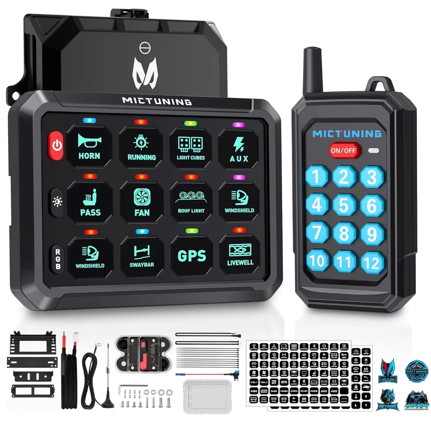 MICTUNING P1Y panneau de commutation 12 gangs avec télécommande sans fil, sans fil jusqu'à 230 pieds, luminosité multifonction à 6 niveaux