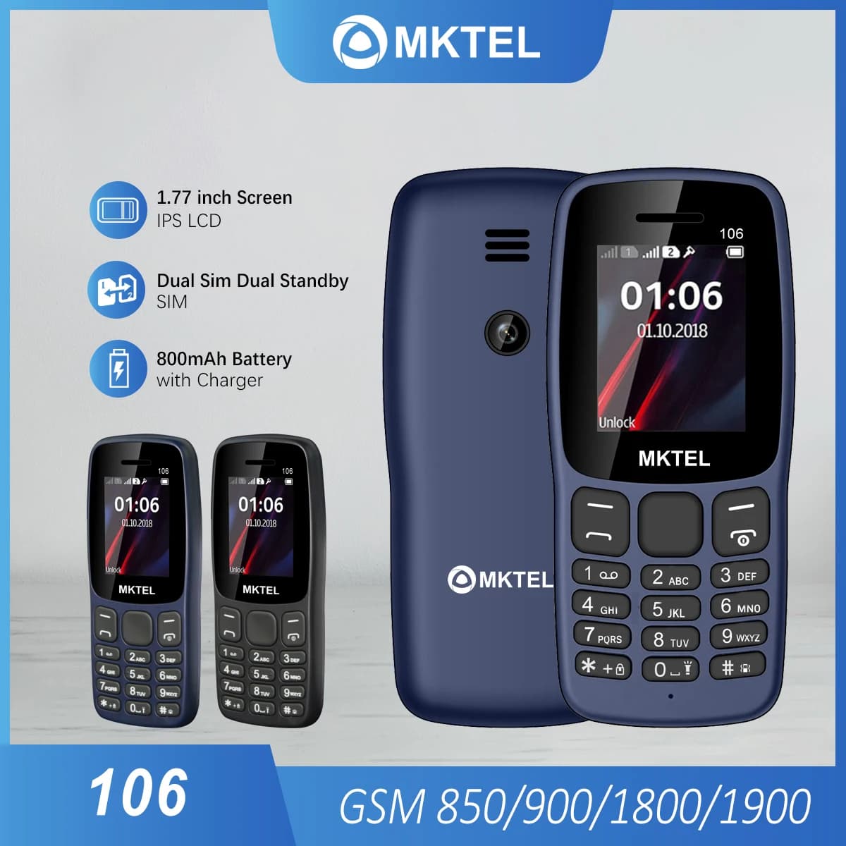 MKTEL 106 caractéristique téléphone 1.77 "affichage 800mAh batterie double SIM double veille forte torche MP3 MP4 FM Radio Bluetooth GPRS