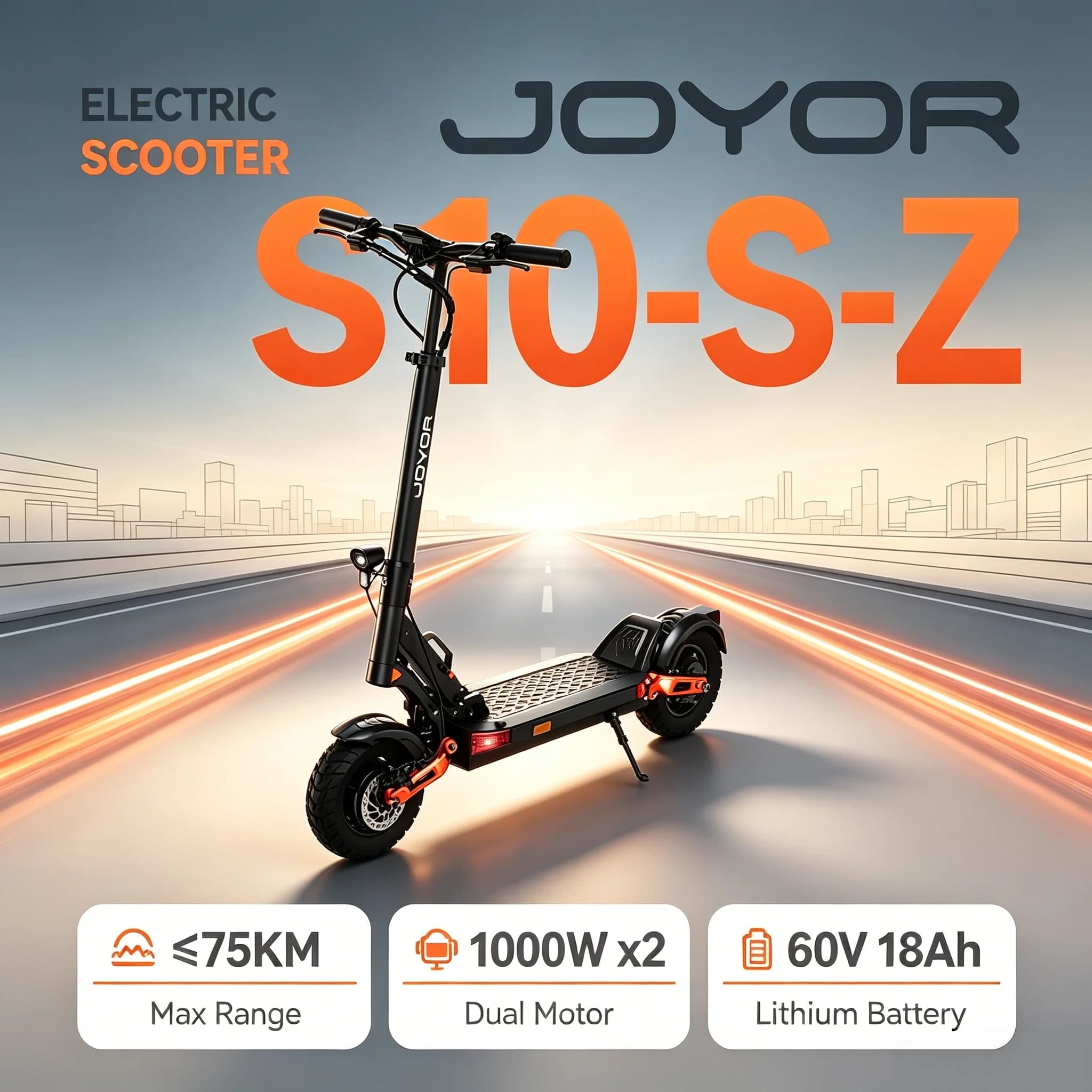 Trottinette électrique adulte JOYOR S10-S-Z, 2 moteurs 1000W, batterie 60V18AH, pneus tout-terrain de 10 pouces, trottinette électrique pliable
