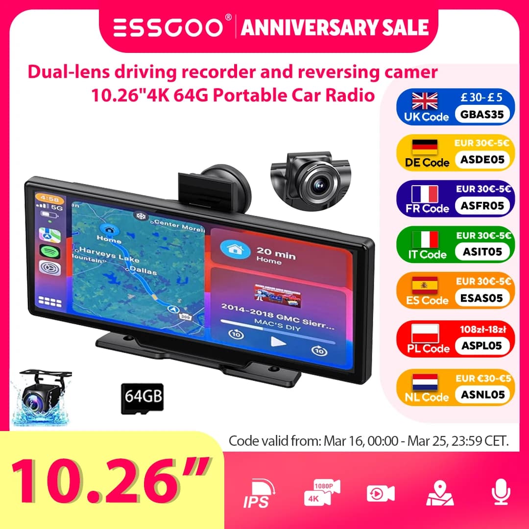 Autoradio Portable 10.26" 4K 64G Écran Tactile Sans Fil Apple CarPlay Android Auto Caméra de Dashcam Bluetooth GPS Navigation WiFi Caméra de Recul