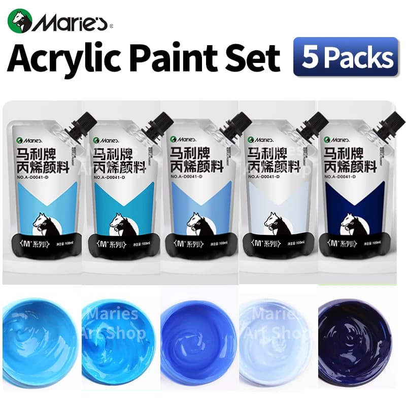 Marie's 5 paquets de peinture acrylique bleue, 100ml/3.38oz pour modèles, bricolage, Graffiti, peinture, toile, œufs, roche, bois, mur, céramique