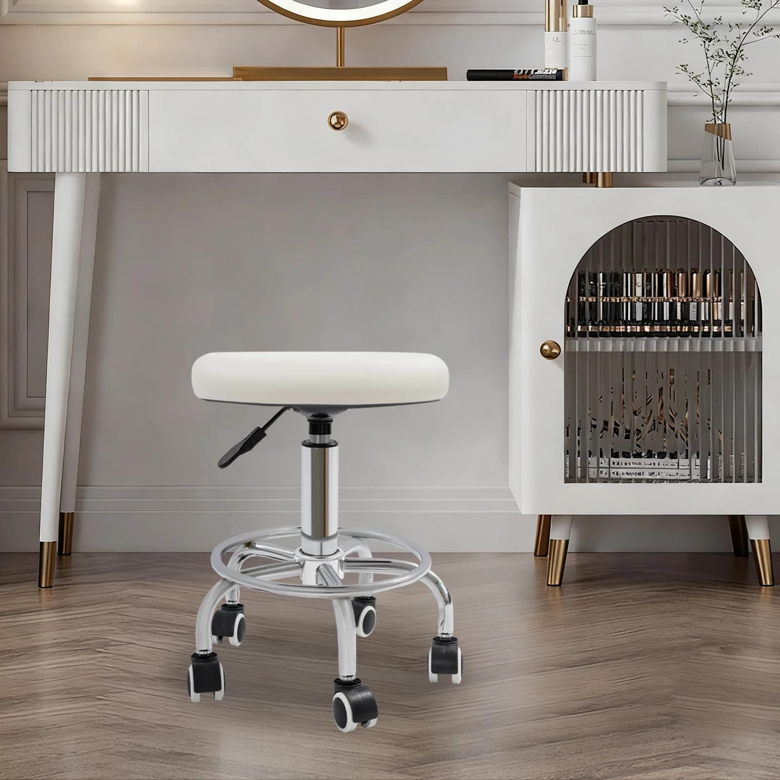 Tabouret de Salon pneumatique réglable, 45-57cm, charge de 150kg, chaise pivotante en cuir PVC blanc pour ongles, cheveux, beauté, maquillage, SPA,