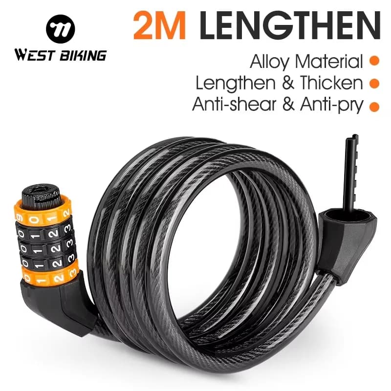 WEST BIKING-Câble antivol avec verrouillage par mot de passe pour vélo électrique, accessoire de cyclisme pour VTT et vélo de route, longueur 2m