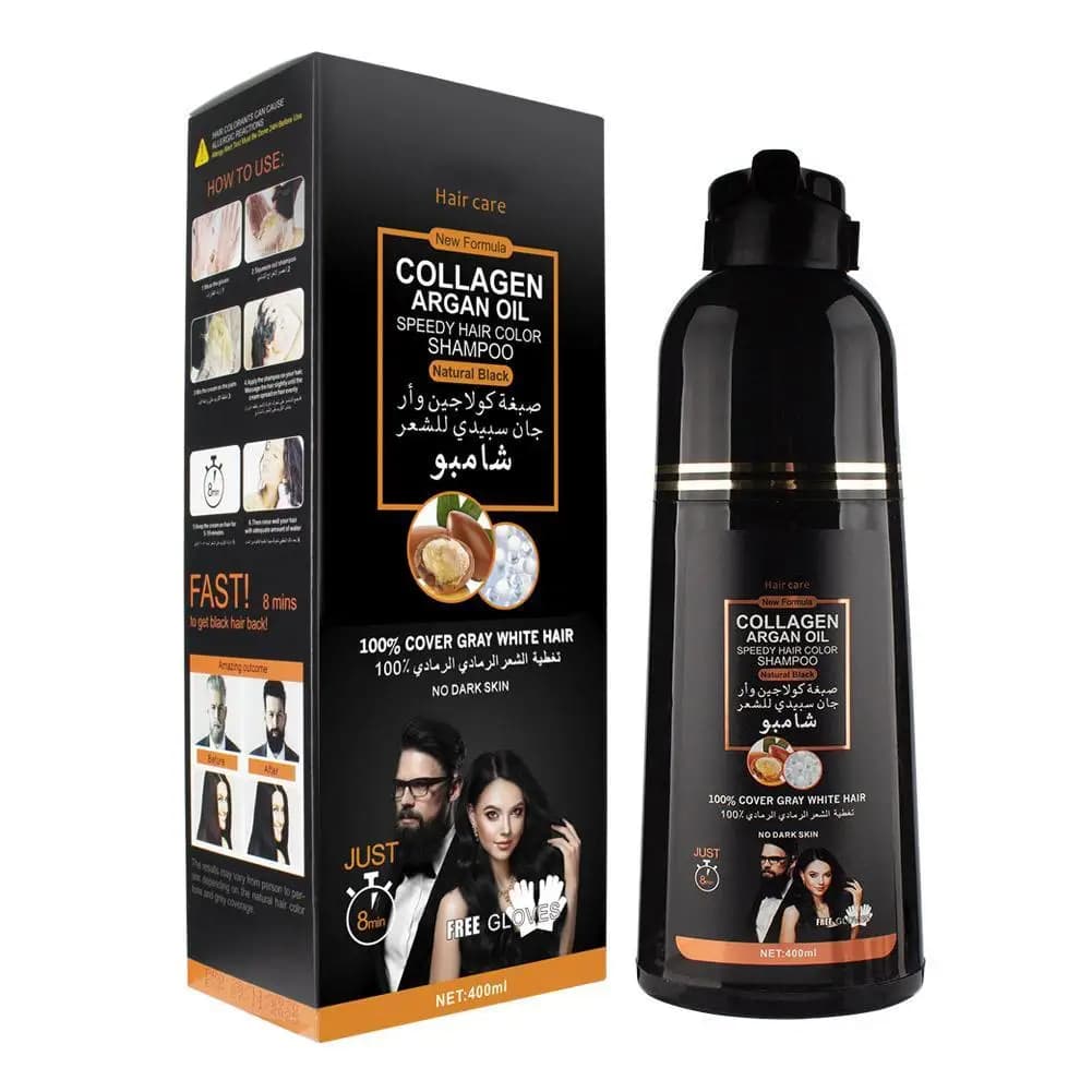 Shampoing à l'huile d'argan au collagène 3 en 1, shampoing de teinture pour cheveux noirs longue durée pour hommes et femmes, nourrit les couleurs