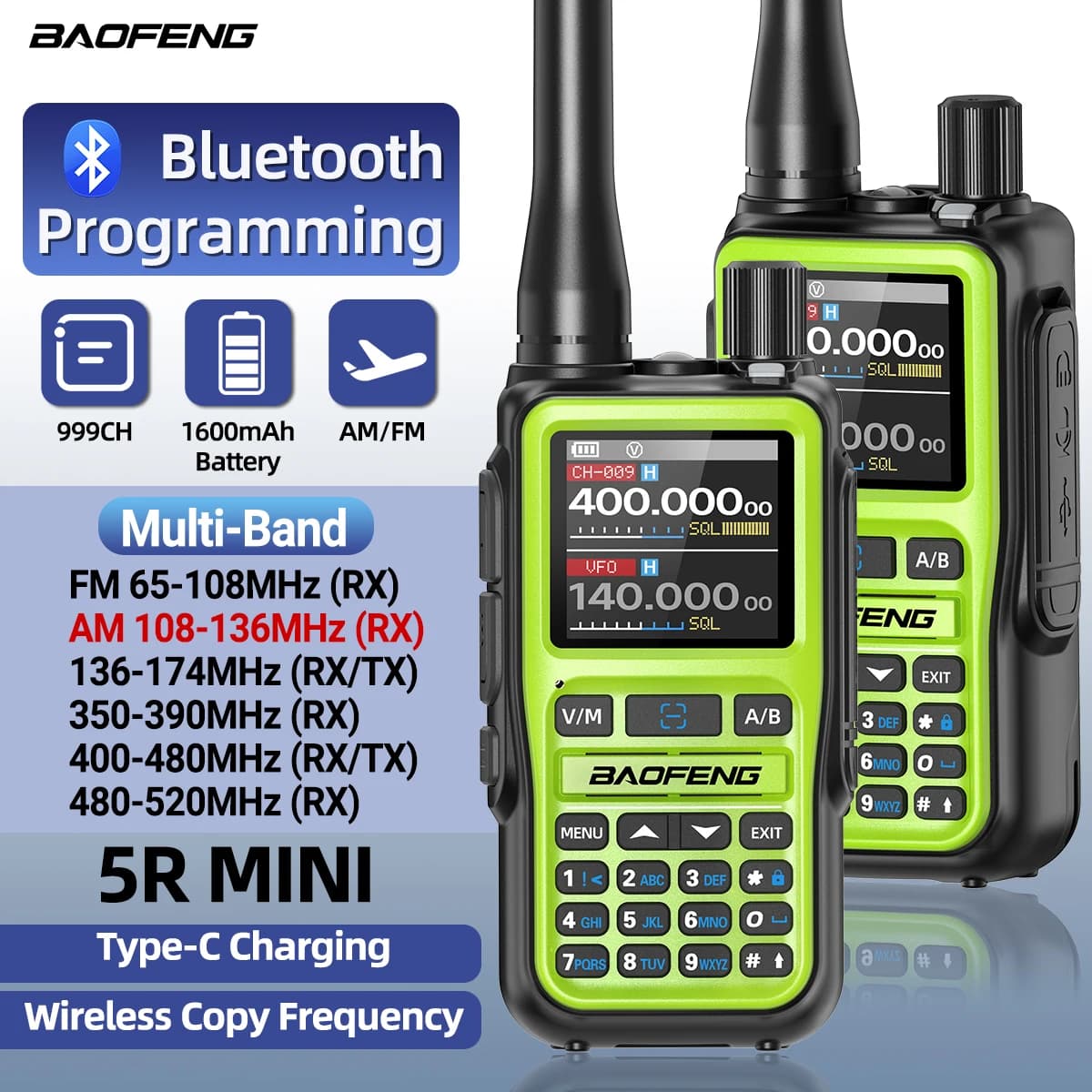 BAOFENG UV-5R Mini talkie-walkie multi-bande programmation Bluetooth fréquence de copie sans fil 999CH type-c longue portée Radio bidirectionnelle