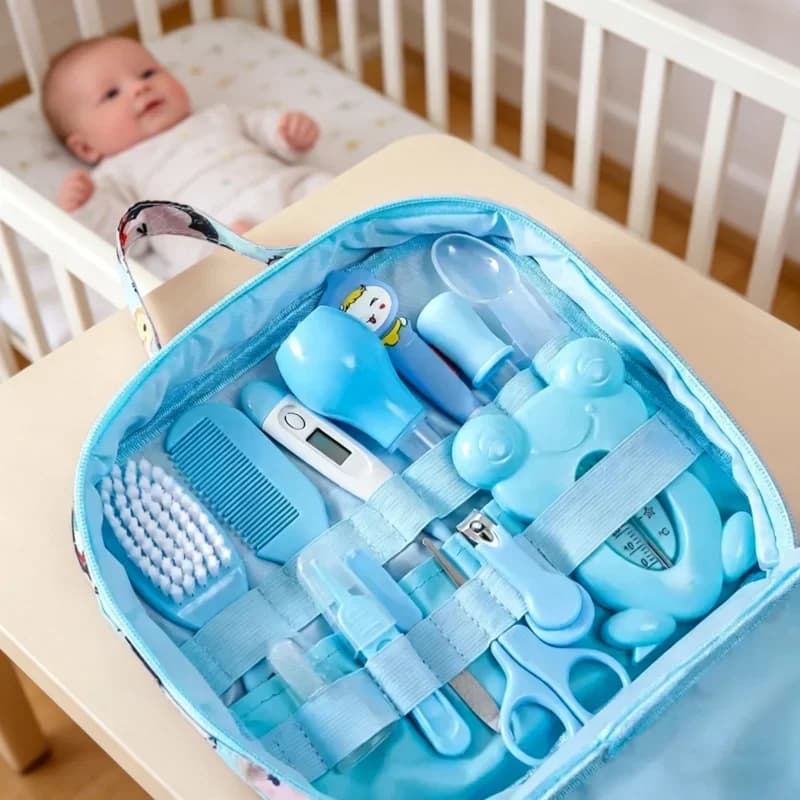 Kit de soins pour nouveau-nés, ensemble de 13 pièces avec sac de rangement, aspirateur nasal, coupe-ongles, thermomètre, fournitures de nettoyage