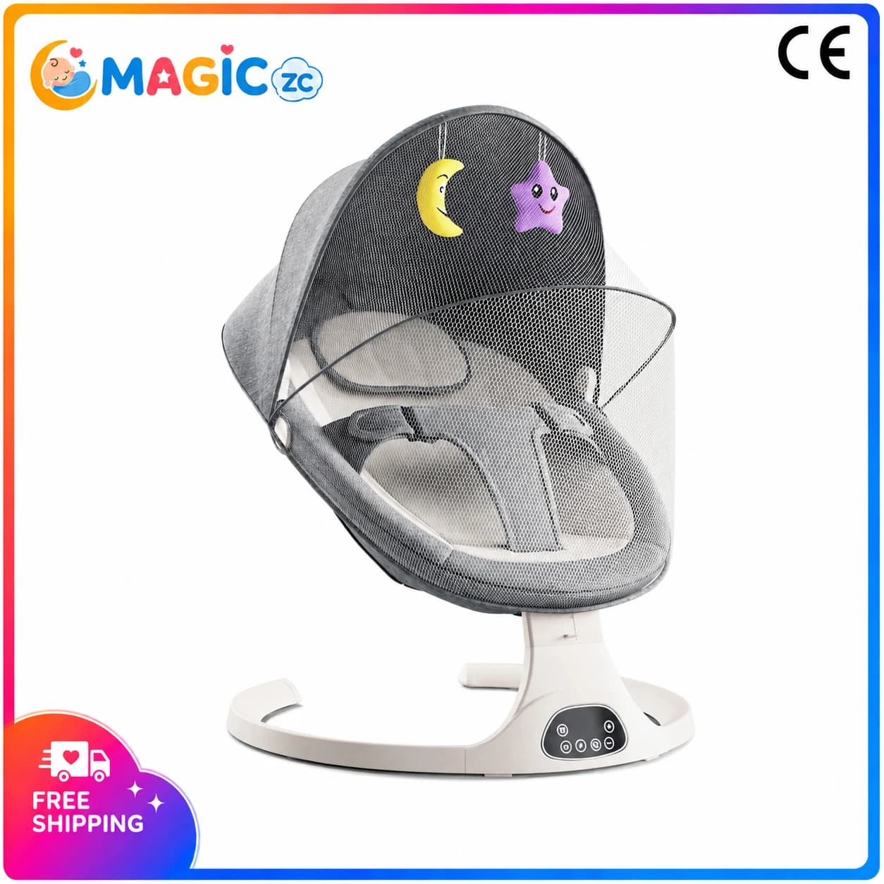 Chaise à bascule pour bébé, 5 vitesses, balancement automatique, berceuses Bluetooth, télécommande, minuterie, panneau tactile, auvent,