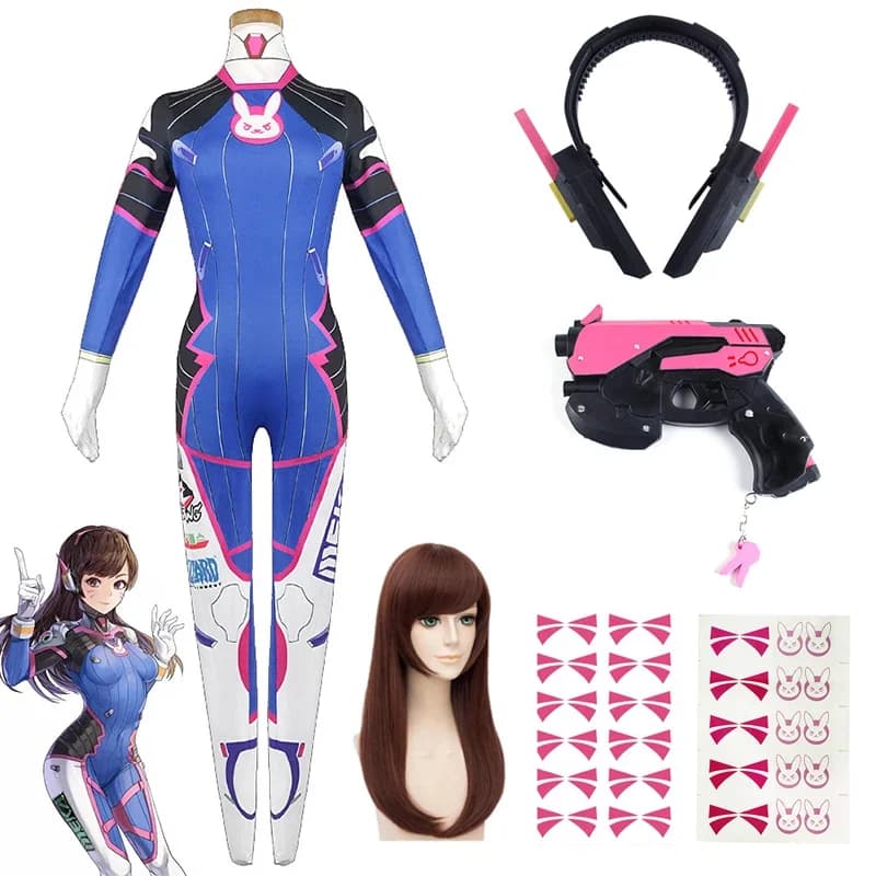 Costume de Cosplay Dva d'Overwatch de Jeu pour Femme, Collants, Combinaison, Perruque, Sauna, Téléphone, Pistolet, Accessoires, Tatouage,